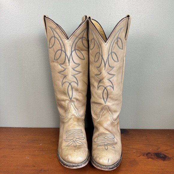 Vintage Shoes - Vintage Marbled Tan Blue Embroidered Cowboy Western Boots Women's Sz 7‎